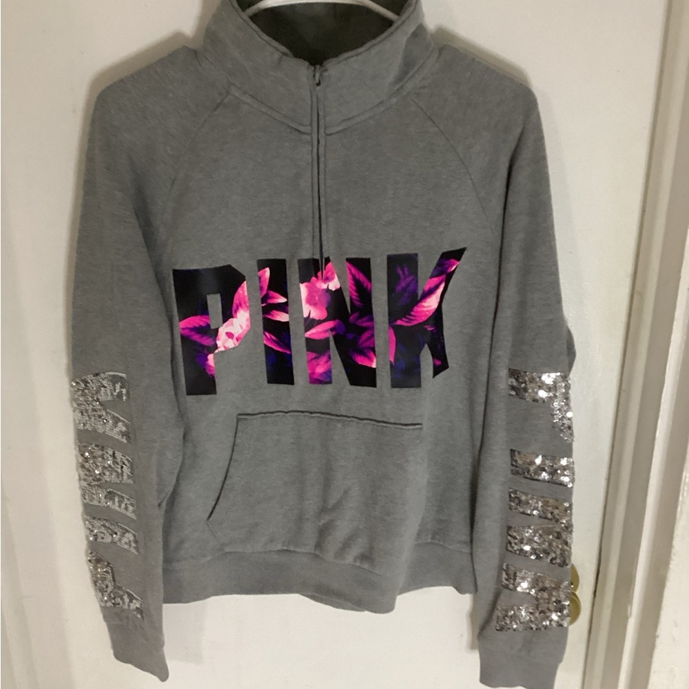 PINK VTG Bling Floral 1/4 Zip Size Large